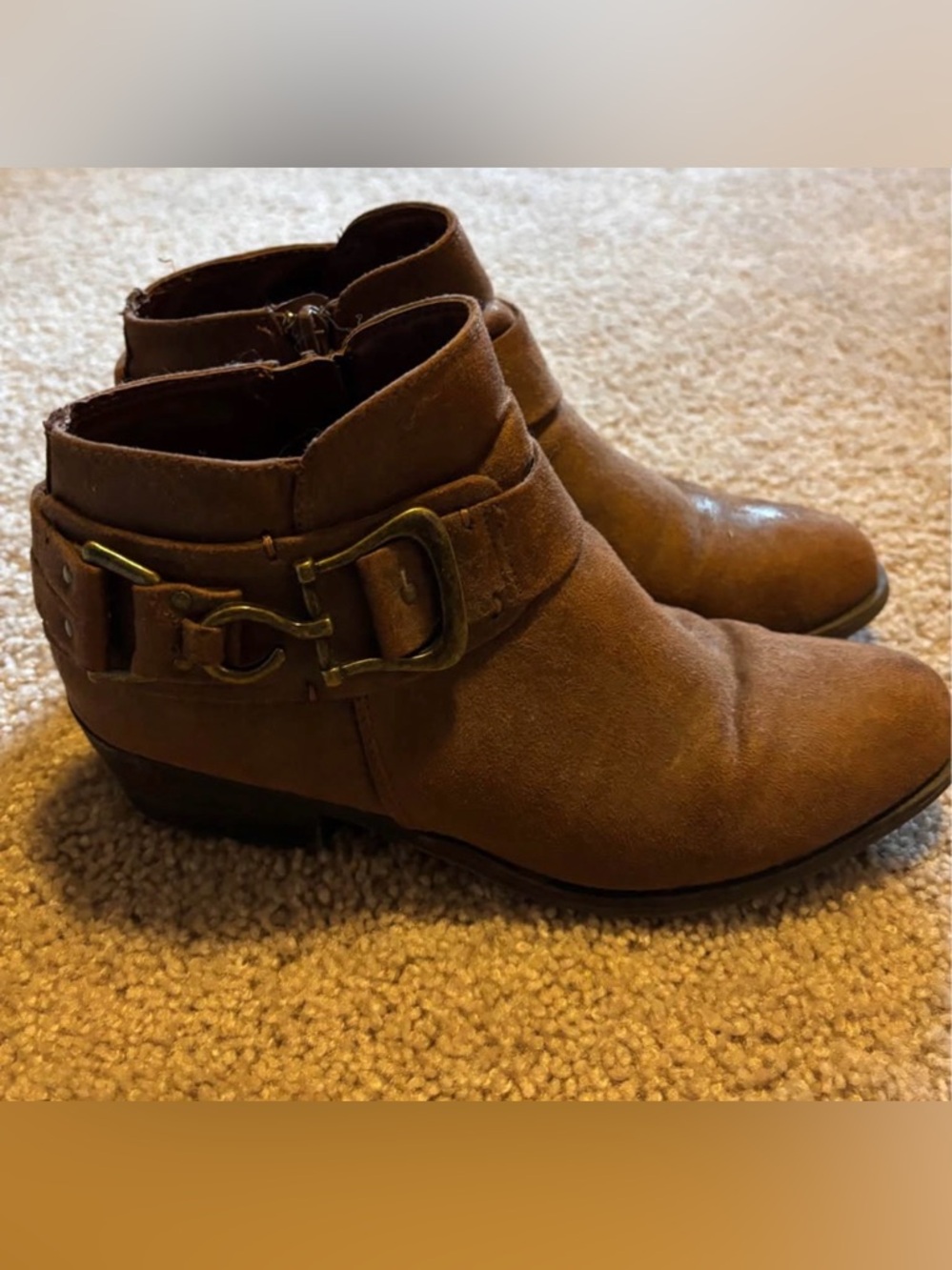 Carlos Santana Chestnut Brown Suede Ankle Booties with Buckle Detail